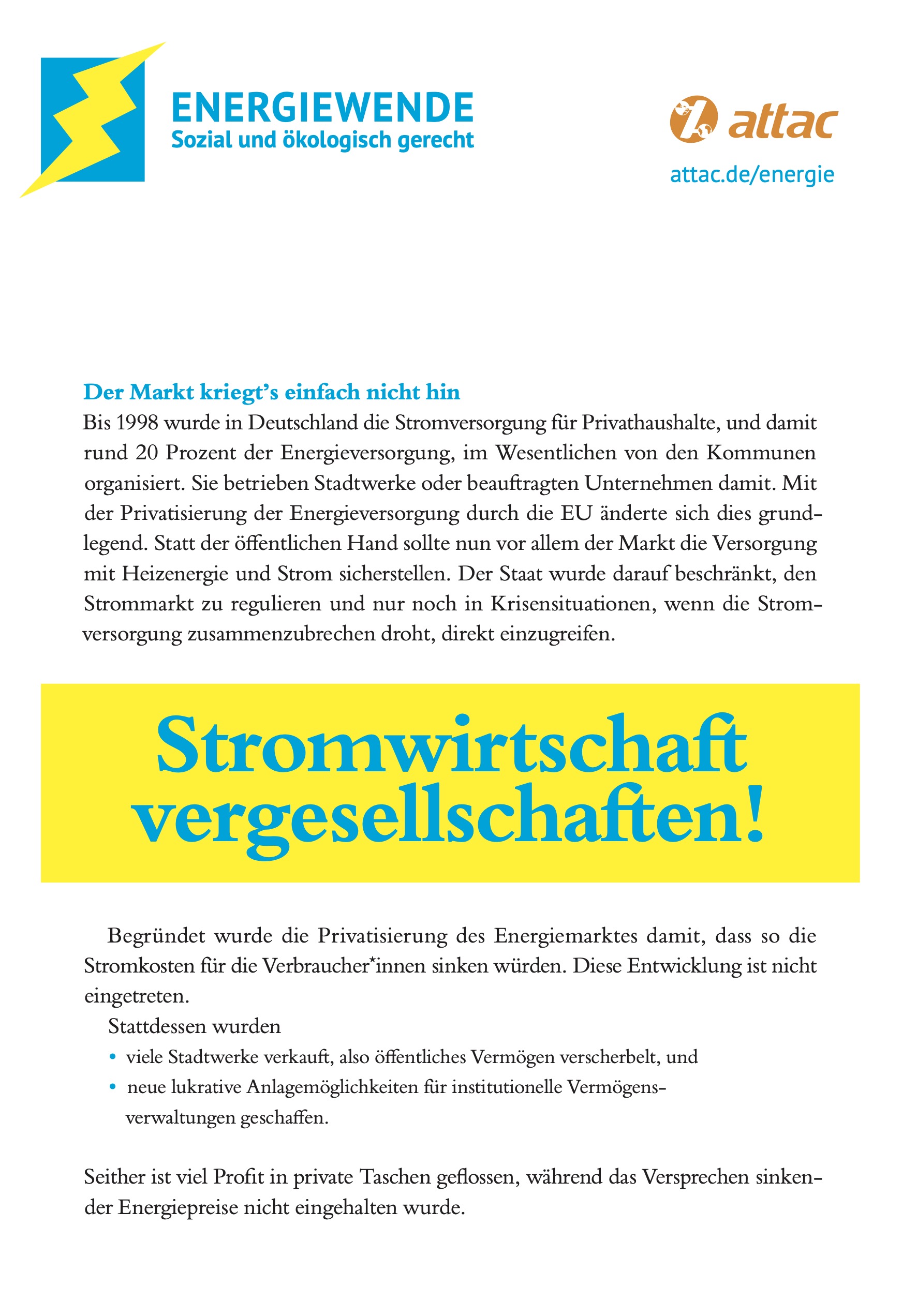 Factsheet "Stromwirtschaft vergesellschaften", DINA5