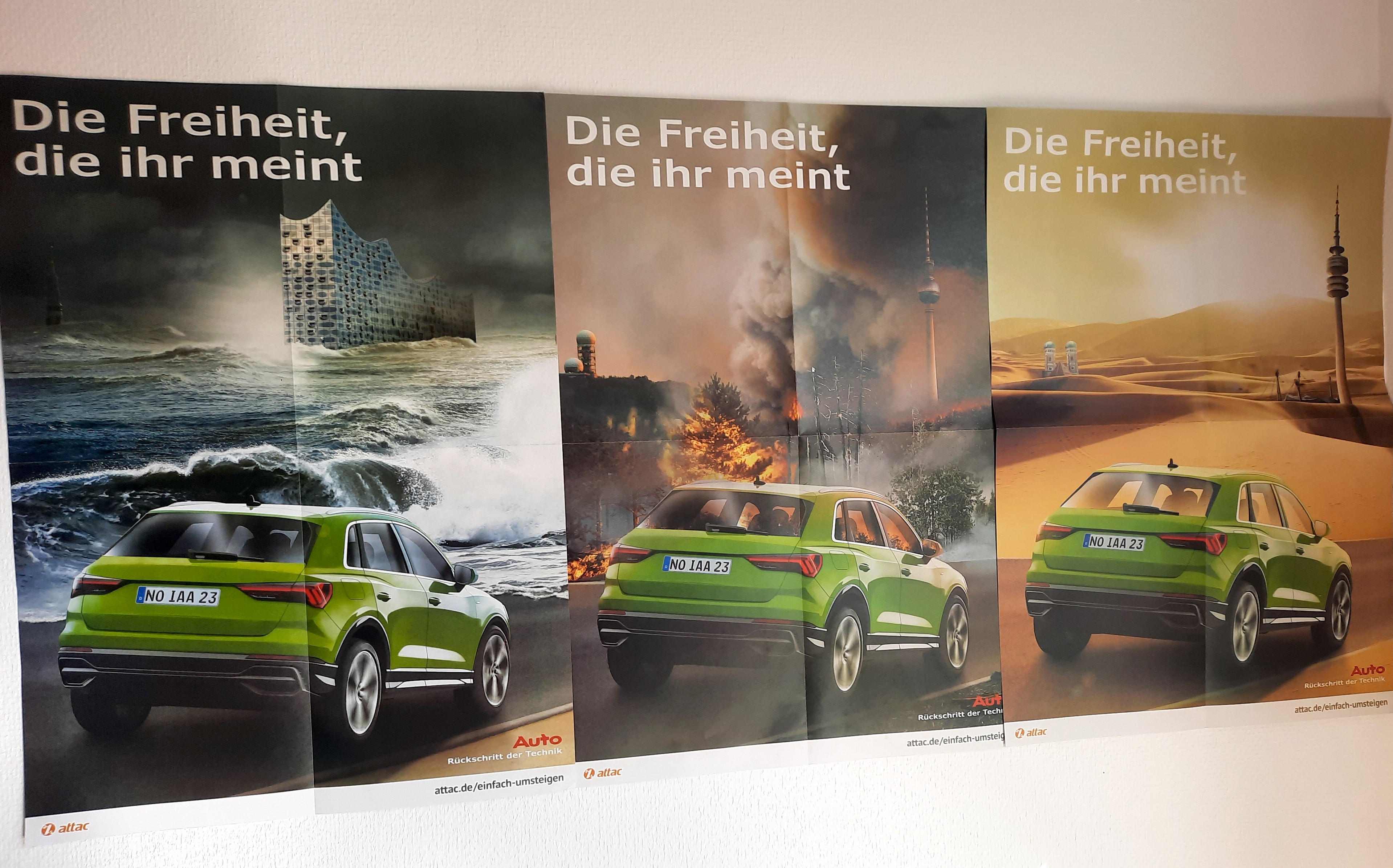 3 x Fake-Autowerbung: abgebrannt, abgesoffen, ausgedörrt – A2-Plakte