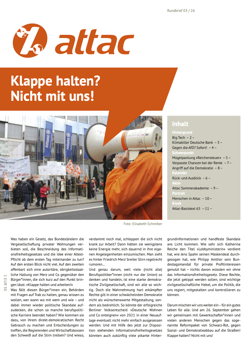 Rundbrief 3/26: Klappe halten! Nicht mit uns?