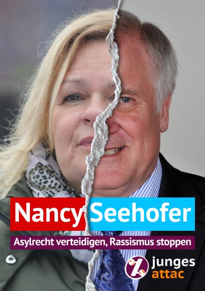 Aufkleber, A7: Nancy Seehofer, Asylrecht - Junges Attac